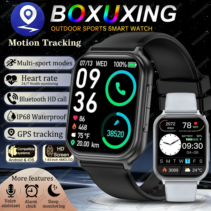 

New BOXUXING Sports Smart Watch Men Fitness Tracker IP68 Waterproof Heart Rate GPS Tracking 700 mAh Battery BT Call Smartwatches