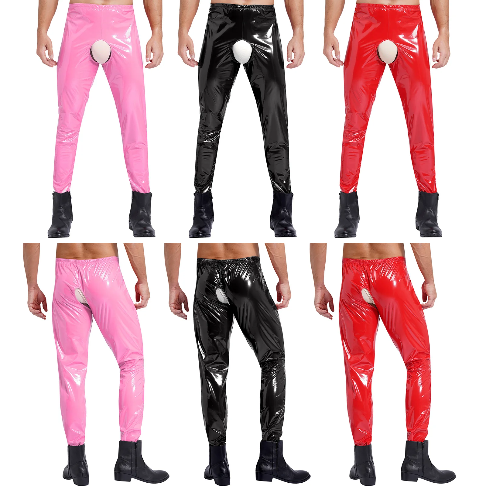 Mens Lingerie Patent Leather Crotchless Pants Glossy Elastic Waistband Leggings Exotic Long Pants Trousers Fancy Latex Clubwear