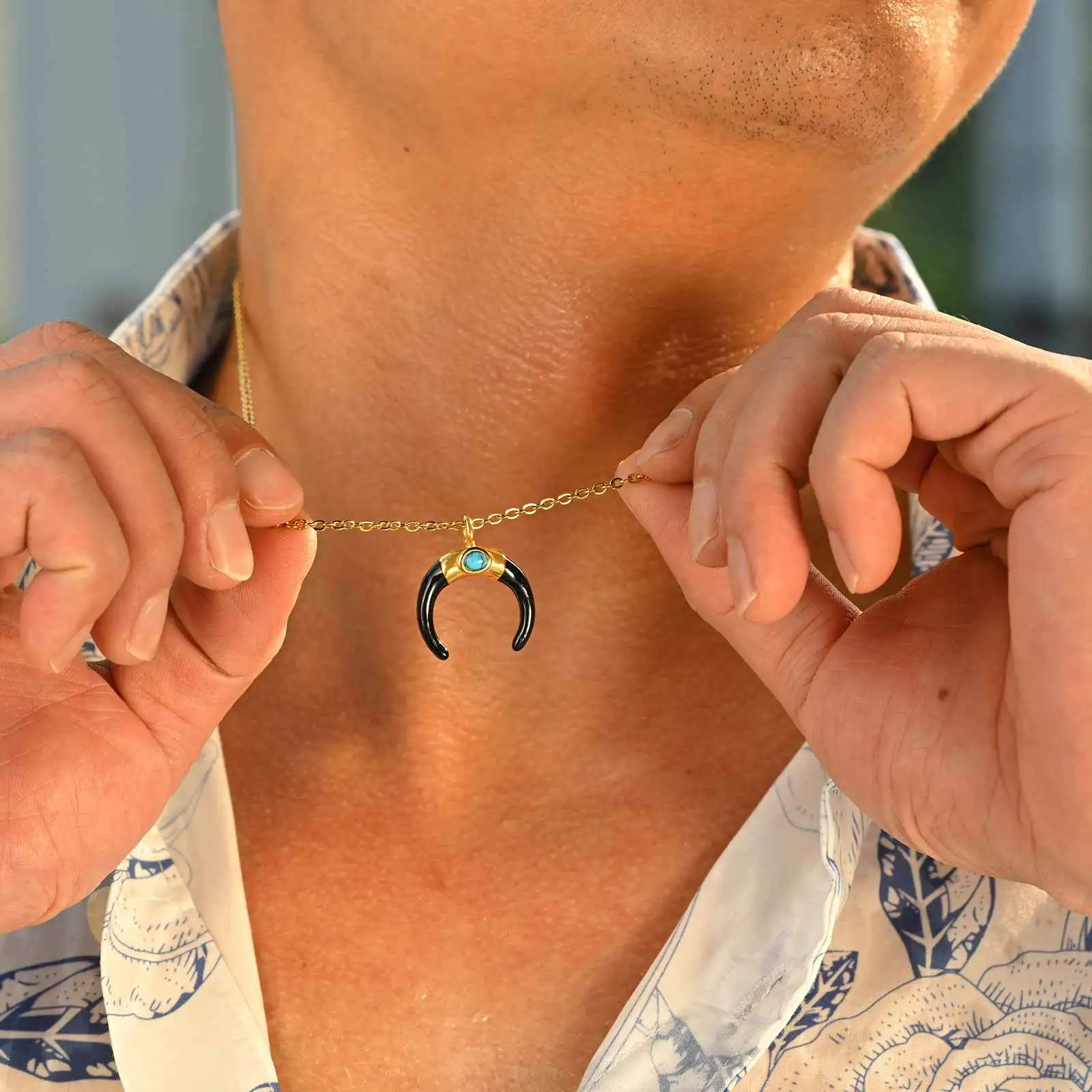 

Turquoise Crescent Moon Necklace for Men Boy Black Gold Color Stainless Steel Pendant Ethnic Style Fashion Jewelry Birthday Gift