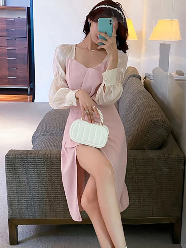 Abito longuette con fasciatura con fiocco chic patchwork rosa da donna Autunno Inverno Elegante abito casual a maniche lunghe 2025 Abito da festa aderente coreano