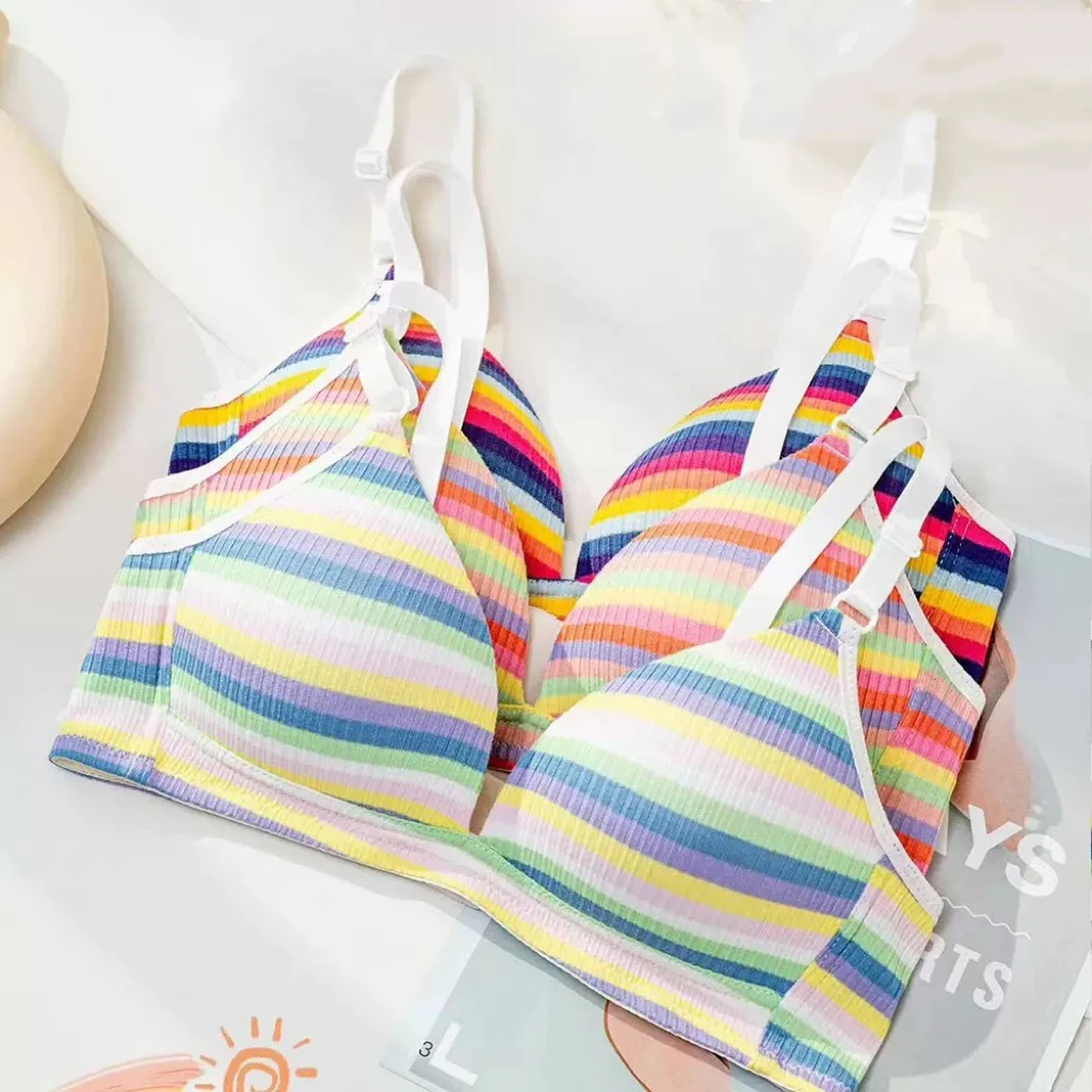 2pcs Girls Rainbow Wireless Bras Seamless Push Up Bra Comfortable V-Shaped Gathering Underwears Student AB Cup Intimate Lingerie
