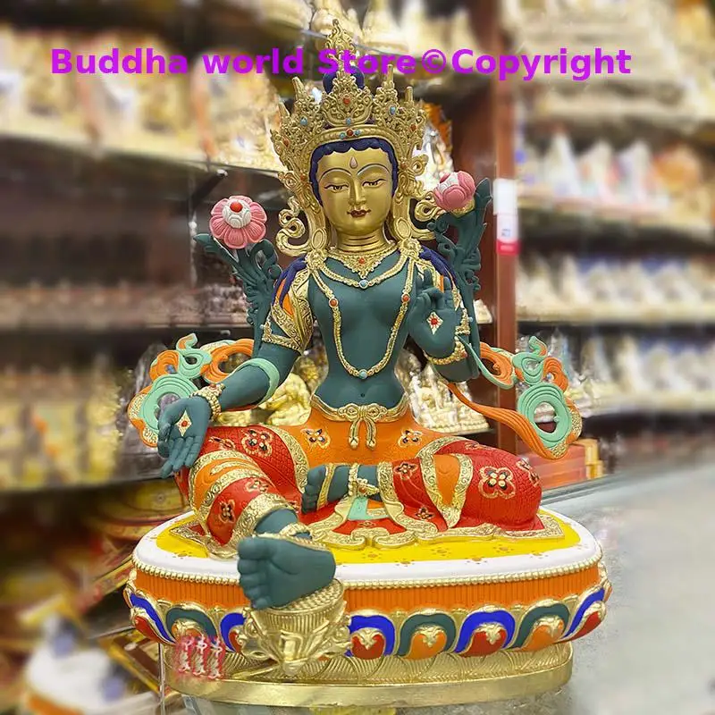 2025  grade colored draw Good Buddha statue bless family Safety Health luck Green Tara Guan yin Buddha Painted Buddha statue