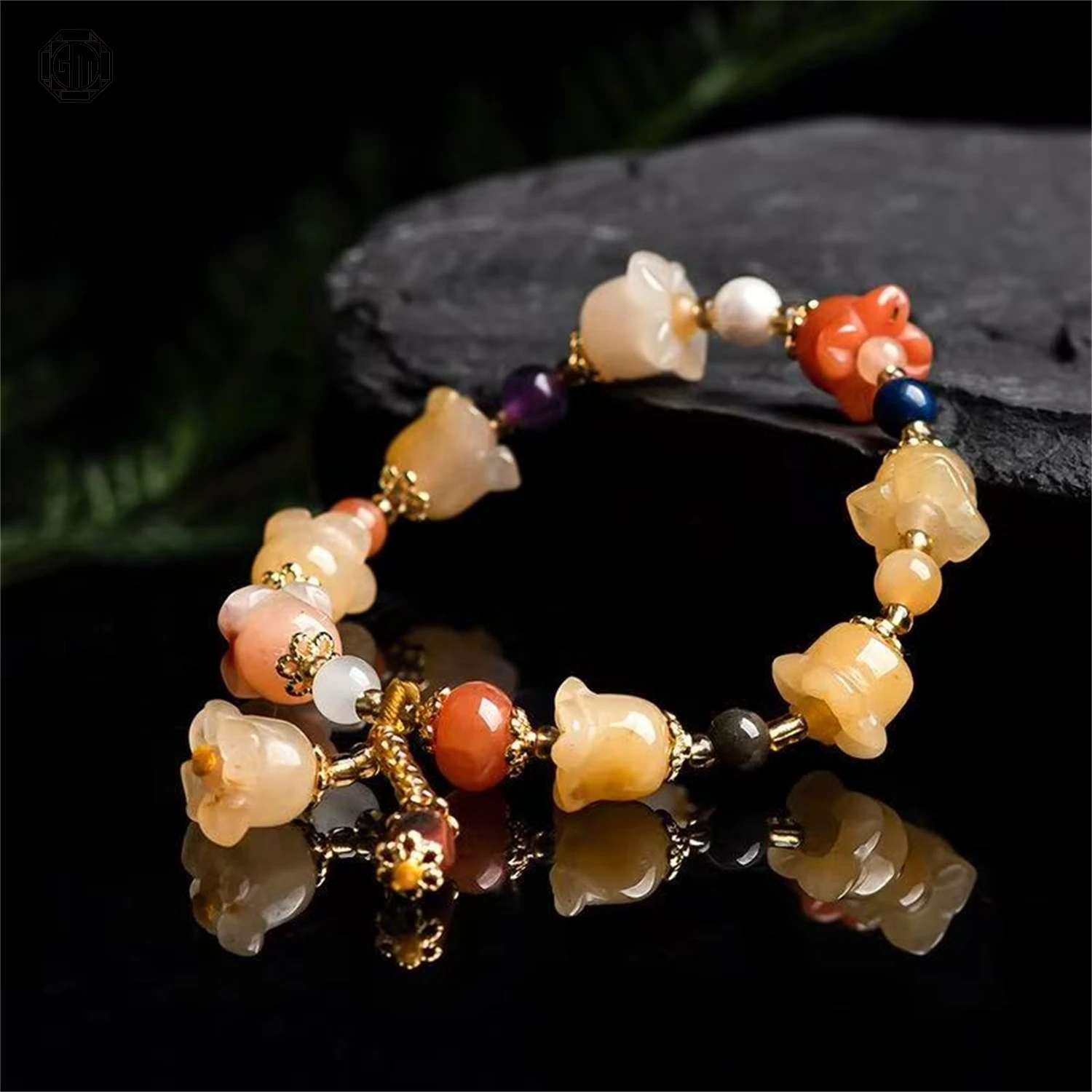 Natural Gold Silk Jade Orchid Flower Beaded Bracelet Yellow Jade Unique Ancient Style Women Gemstone Exquisite Jewelry Gift