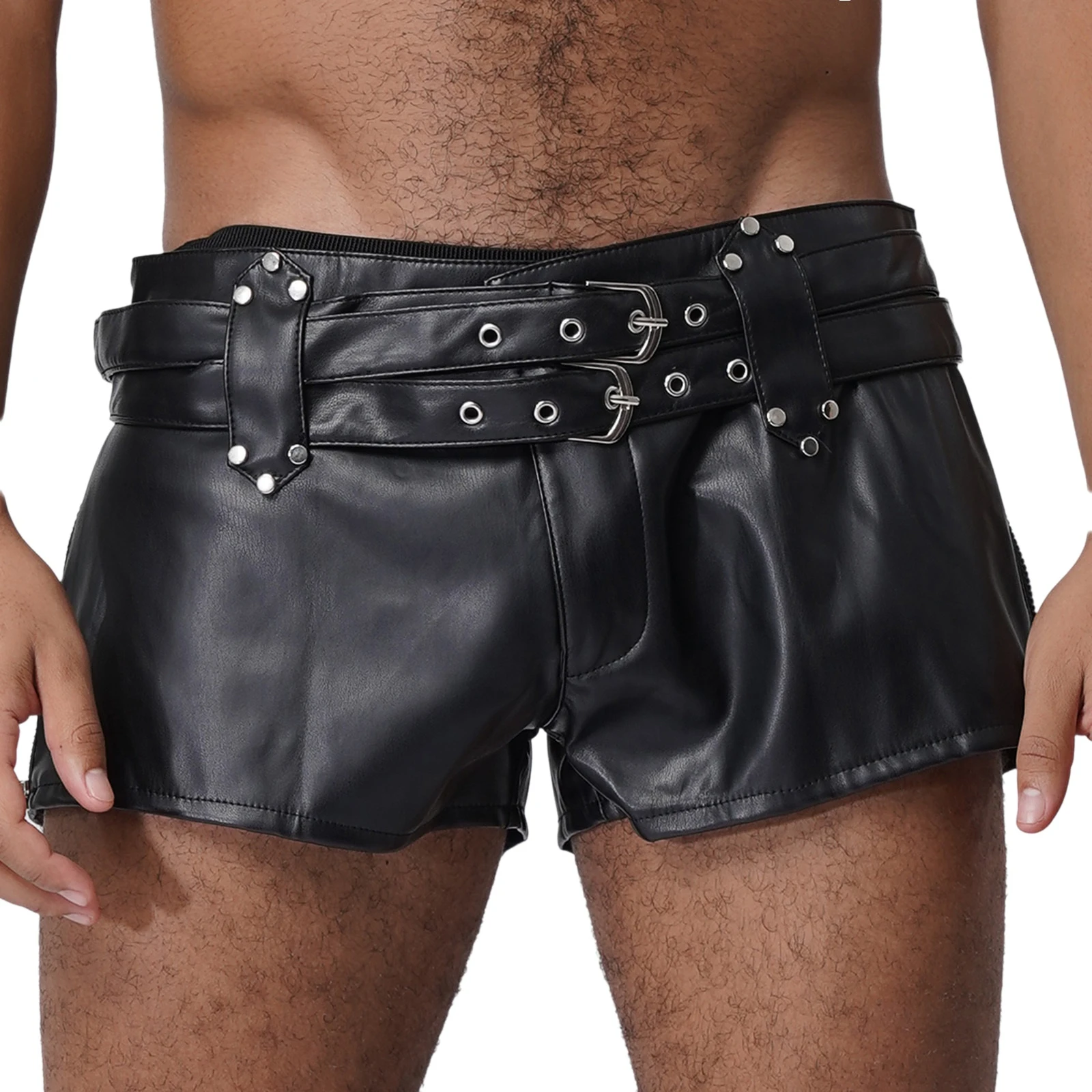Mens Fashion PU Leather Hot Pants Adjustable Double Belts Low Rise Booty Shorts Nightclub Music Festival Rave Party Clubwear