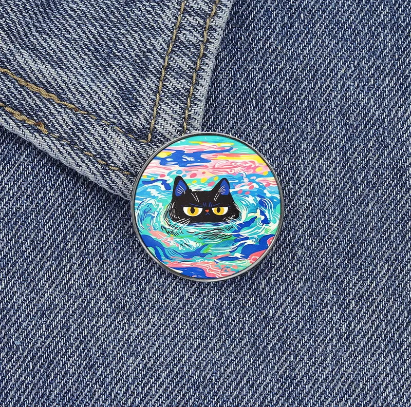 Lapel Pins Hand Drawn Waves Black Cat Round Brooch Contrasting Oil Painting Style Cat Badge Personality Handbag Clothing Pin