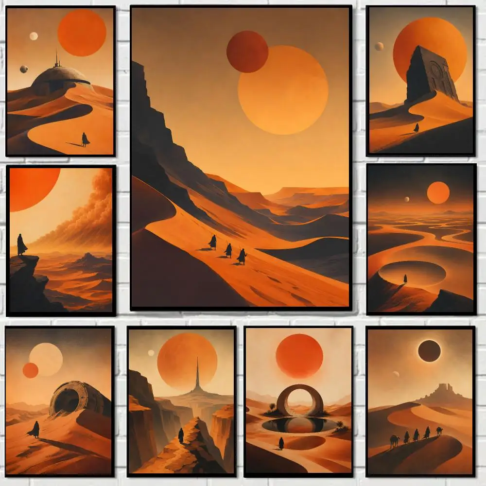 Sci-Fi Desert Dune Dual Sun Landscape Poster Art HD Advanced Aesthetic Printing Paper Wall Art for Living Room Home Decor