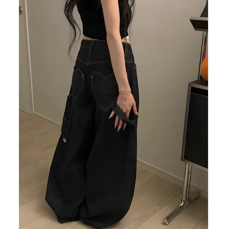 

Loose Wide Leg Denim Jeans Red Button Workwear Heart Pocket Casual High Waist Jeans Cotton 100% Non-Stretch Water Wash