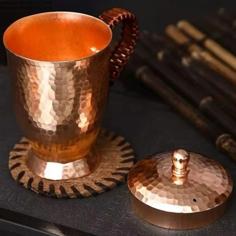 Vintage Pure Copper Mug,With lid Milk Breakfast Coffee Cup,Handcrafted Woven Handle Hammer Texture Home 400ml Tea Cup Tableware