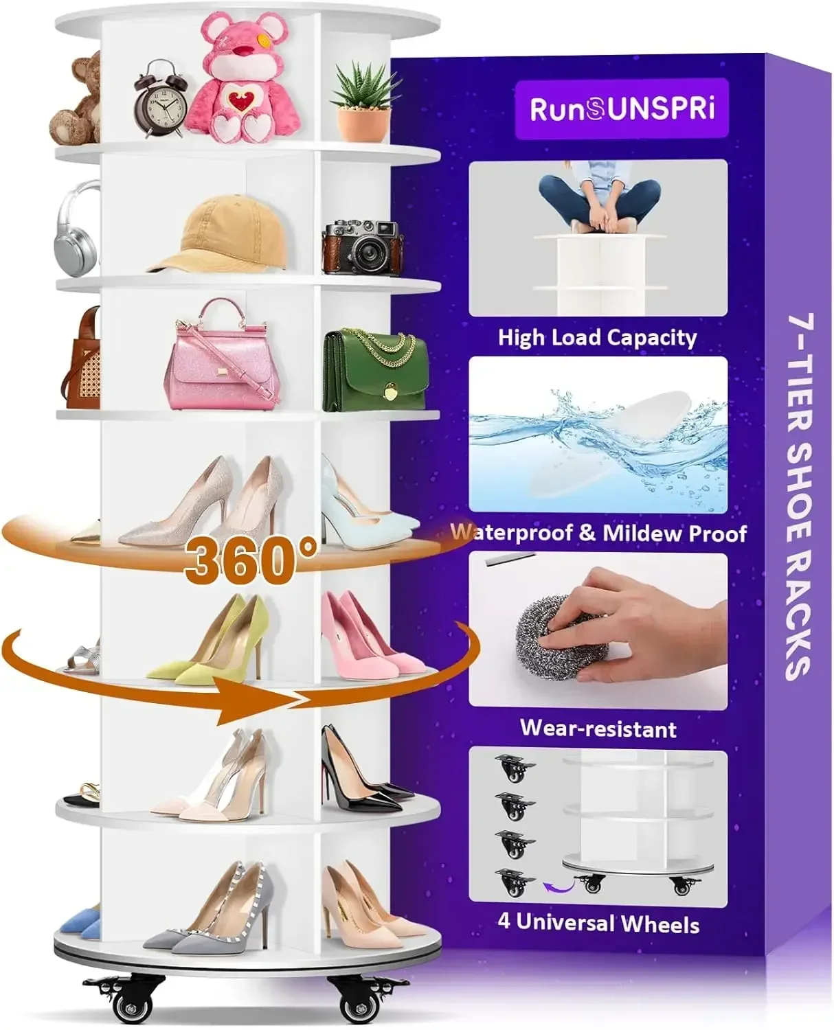 7 Tier Rotating Shoe Rack with 4 Universal Wheels, 360° Revolving Free Standing Shoe Organizer, Multifunctional Storage Revolvin
