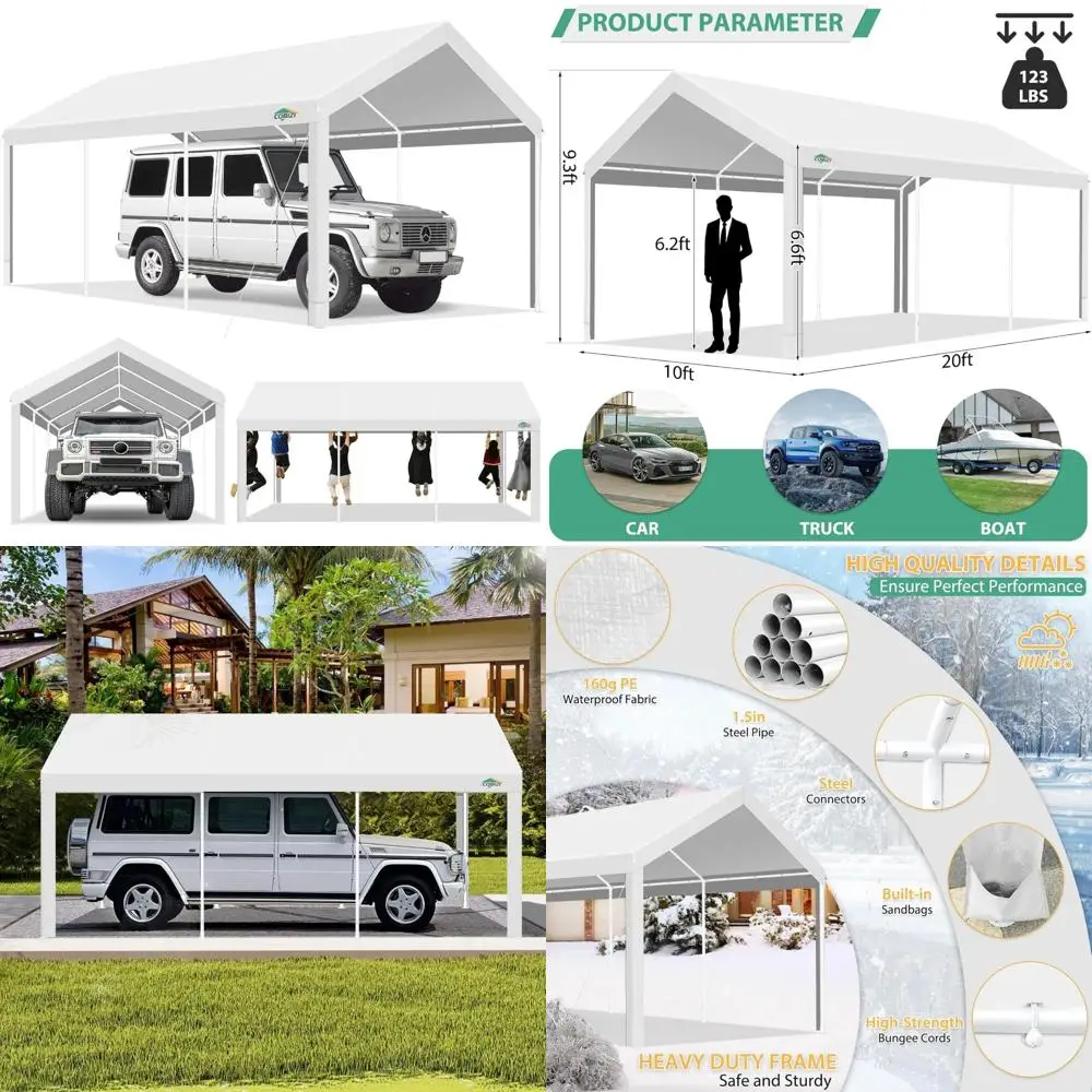 

Портативный гараж Carport 10x20 футов для тяжелых условий эксплуатации, рама 2,0 с порошковым покрытием (лучший, чем оцинкованный), водонепроницаемое укрытие со встроенным с