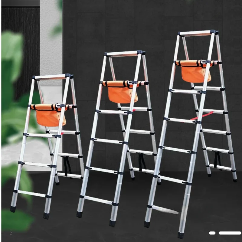 1.4M+1.4M Thickened Stainless Steel Telescopic Ladder Lightweight 5-step Ladder Herringbone Portable Folding Engineering Ladder