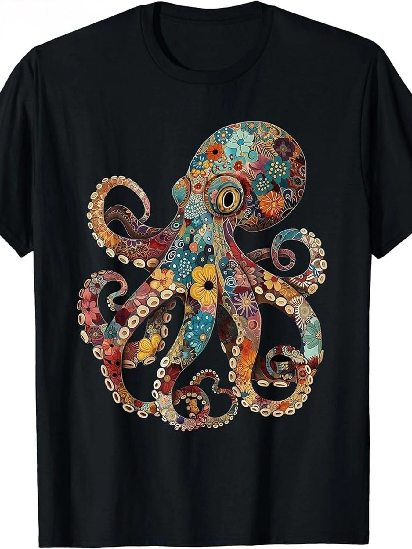 Men's Art Black T-shirt with Colorful Flowers Octopus Unique Round Neck T-shirt  Graphic T Shirts