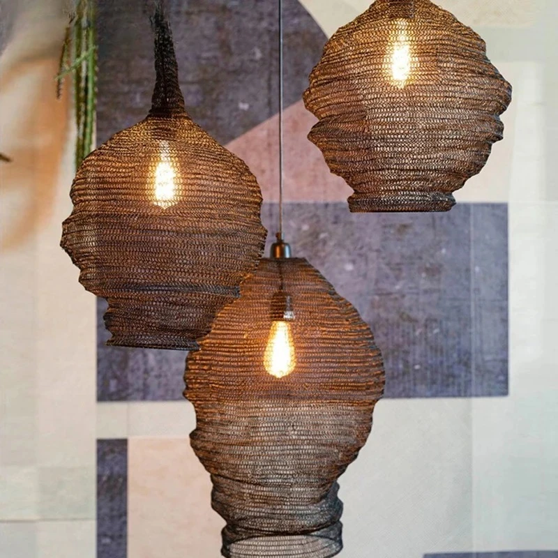 Modern Minimalist Nordic Vintage Woven Wire Mesh LED Pendant Light Art Creative Lamps for Living Room Home Decoration Chandelier
