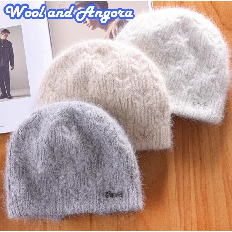 2024 Hand Weave Rhinestone  Wool Angola Slouchy Beanies Coarse Cashmere Knit Winter Hat for Women Mohair Fluffy Jacquard Beanies