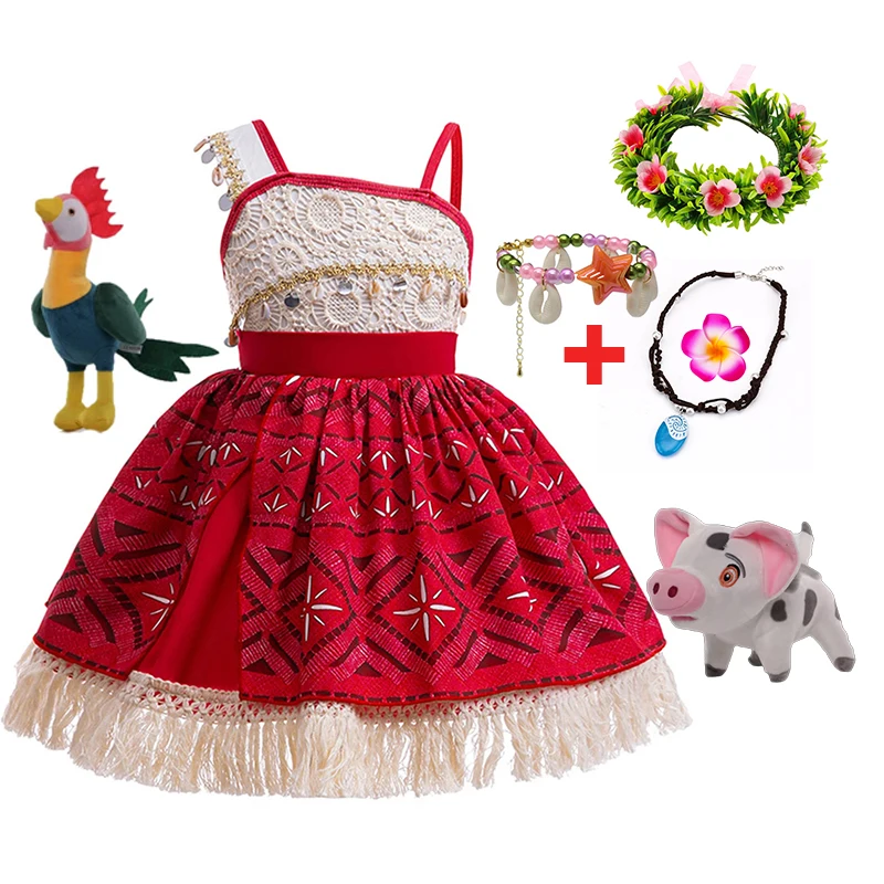 Little Girls Cosplay Moana Halter Sundress Baby Kids Vaian Sisters Ocean Beach Hawaii Style Princess Frock With Necklace Pig Set image 3