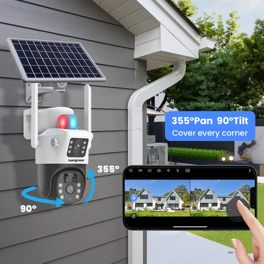 HongGlobal 8MP 4K V380 Pro WiFi Full HD Wireless Dual Lens Solar Powered Panel IP PTZ 4G Sim Card Outdoor Security Solar Camera