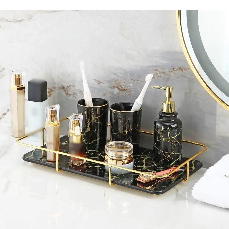 

Golden Imitation Marble Storage Trays Dressing Table Cosmetic Organizer Display Tray Rectangle Ceramics Bathroom Storage Shelves