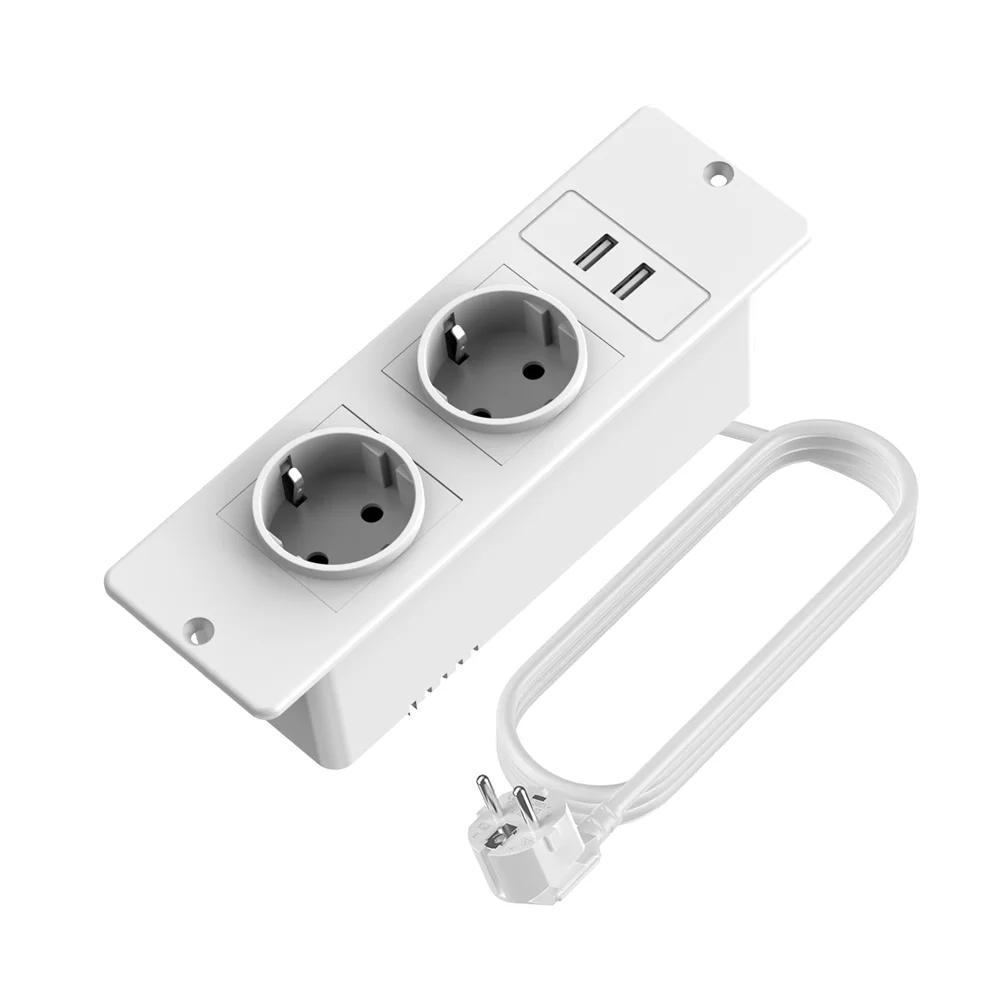 EU White Recessed Power Strip with 2 USB A Ports Built-in Socket Multi Outlet Extension Cord for Desk Kitchen Worktop Furniture