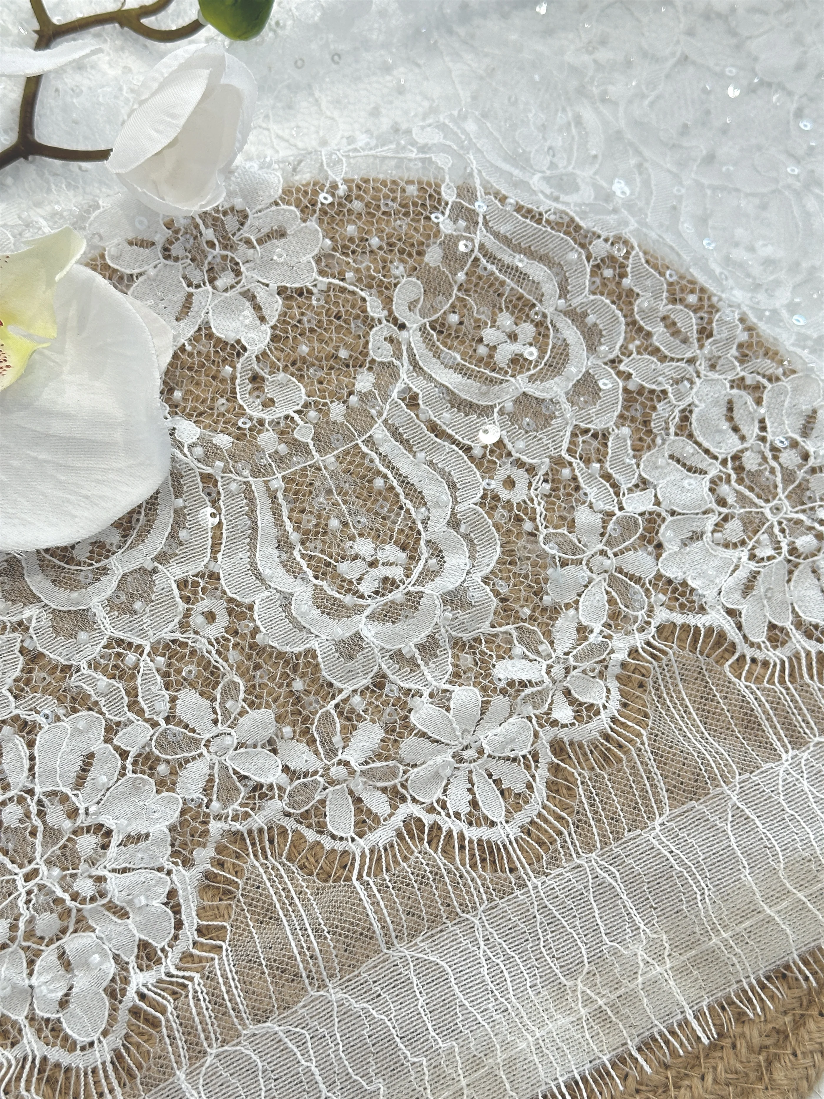 Tela de encaje con cuentas y lentejuelas hechas a mano, 3,3 yardas, bordado, encaje francés, vestido de novia, tela de tul bordada