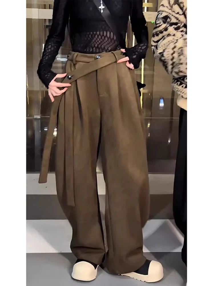 Dragon Tao Suede Velvet Bend Knife Pants Men's Autumn Winter Drifting Belt Design Sense Loose Casual Pants Straight Leg