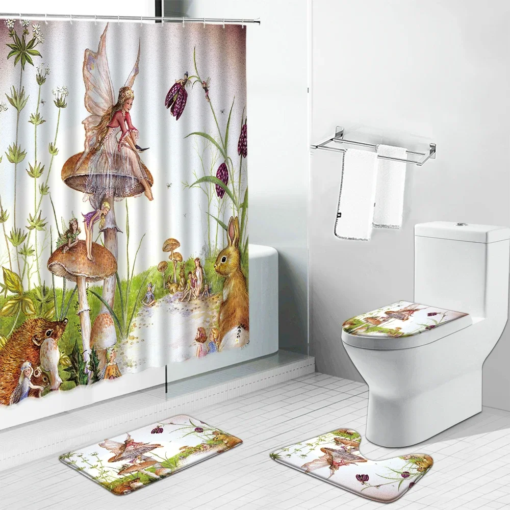 Angels in Heaven Shower Curtain Set Fantasy Enchanted Forest Elves Girl Mushroom Bathroom Curtains Toilet Lid Cover and Bath Mat