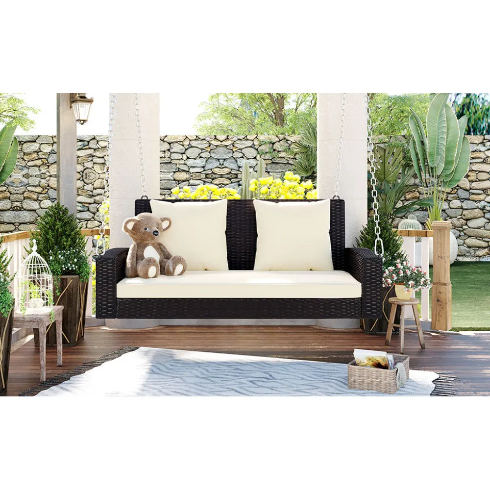 الذهاب 2-شخص الخوص معلقة الشرفة سوينغ سلاسل وسادة وسادة الروطان سوينغ مقعد حديقة الفناء الخلفي بركة (وسادة الخوص البني البيج) #3