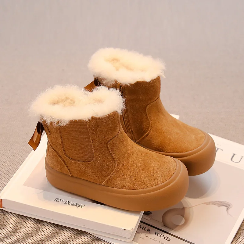 

Kids Princess Boots Retro Classic Girls Snow Boots with Back Bowknots 2025 Winter New Children Short Boots Plush Warm Soft Sole