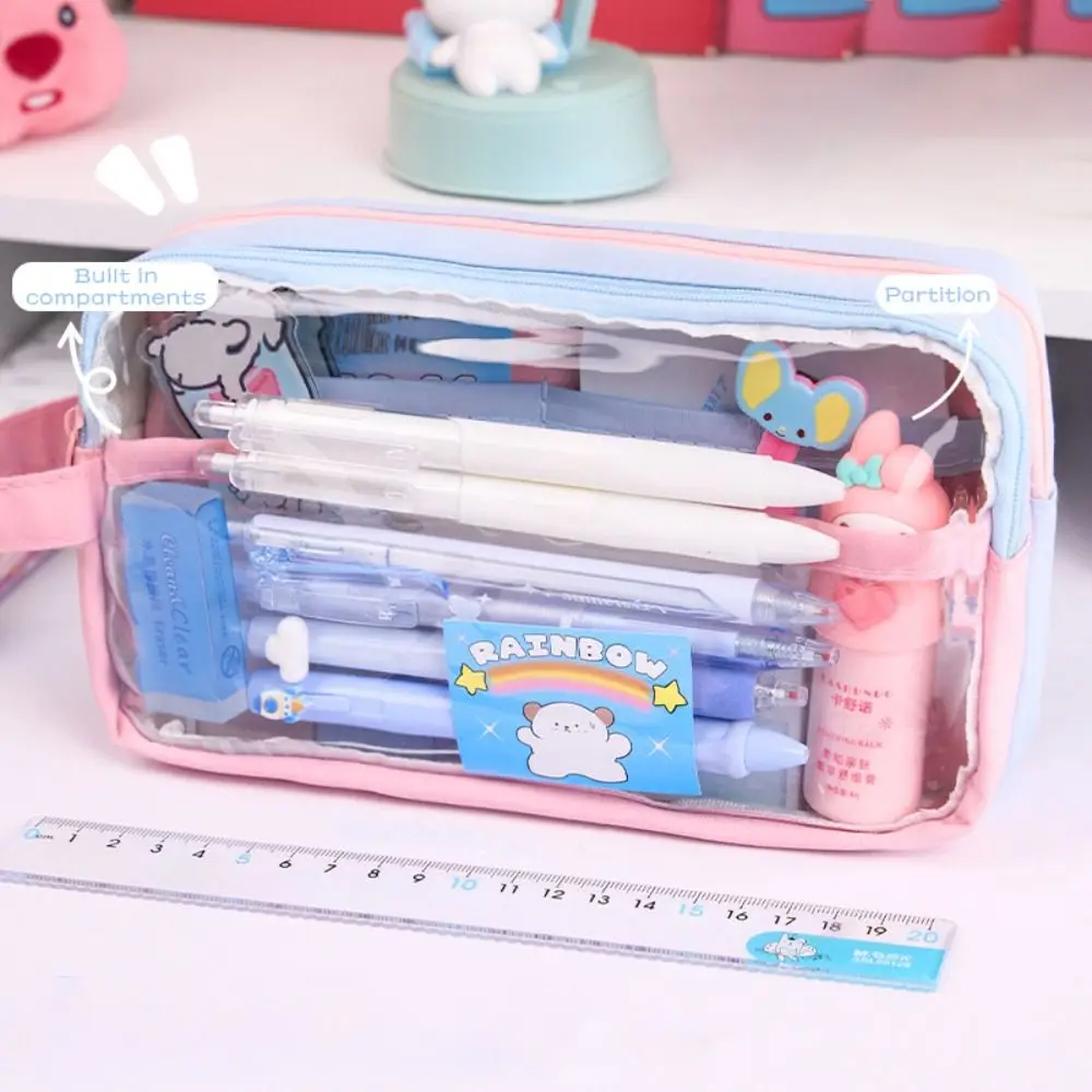 New PVC Pen Bag Contrast Color Handheld Pencil Case Transparent Large Capacity Pen Pouch Students