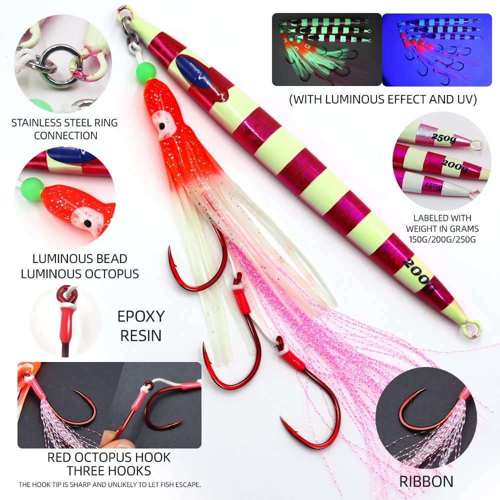 

ZYZ 1pc Sea Fishing JIG Pencil Bait With Luminous Soft Octopus Lure String Hooks 150/200/250G Boat Fishing Fakebait