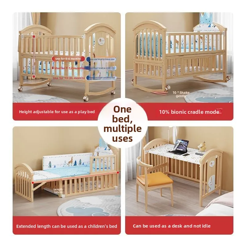 Ruibao Solid Wood Crib Unpainted Newborn Baby Cradle Multi-Functional Movable Widened Children's Splicing Bed Infant Sleeping