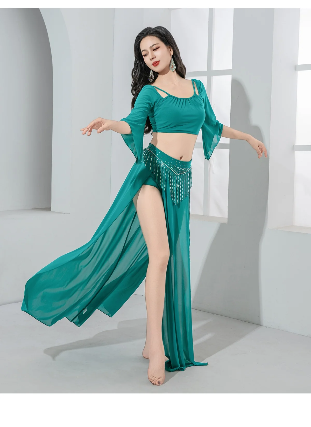 Novo outono roupas de prática de dança do ventre adulto feminino luz luxo diamante borla desempenho conjunto trajes de dança oriental