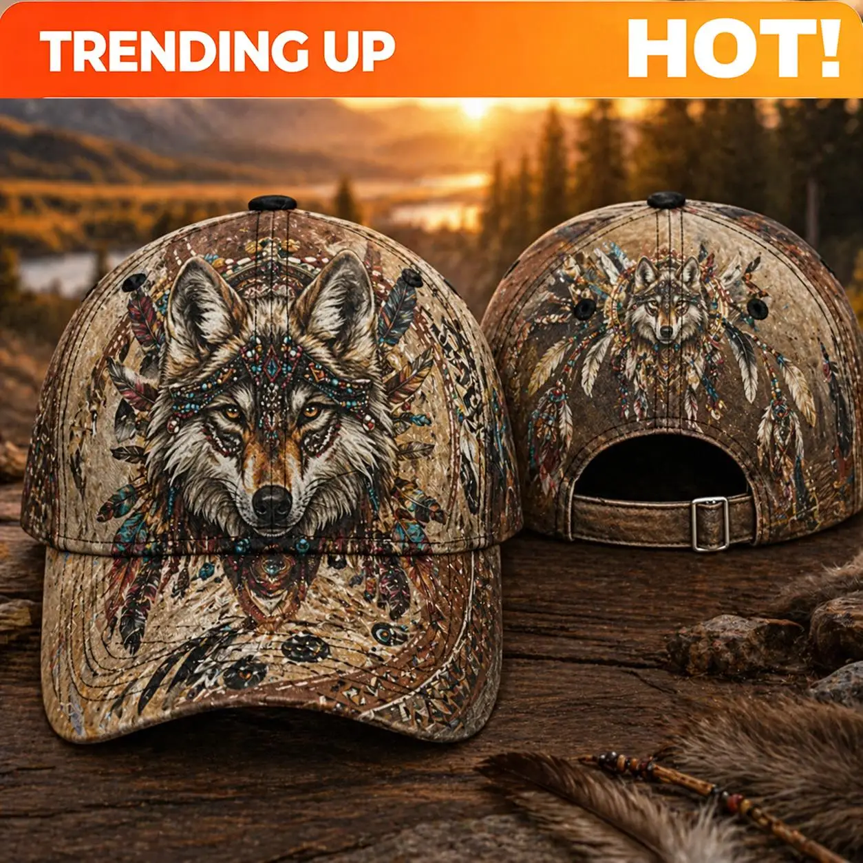 Custom Baseball Cap Boho Wolf Feather Mountain Sunset Graphic Costume Adjustable for Festival Camping, Hiking, And Boho Weekend
