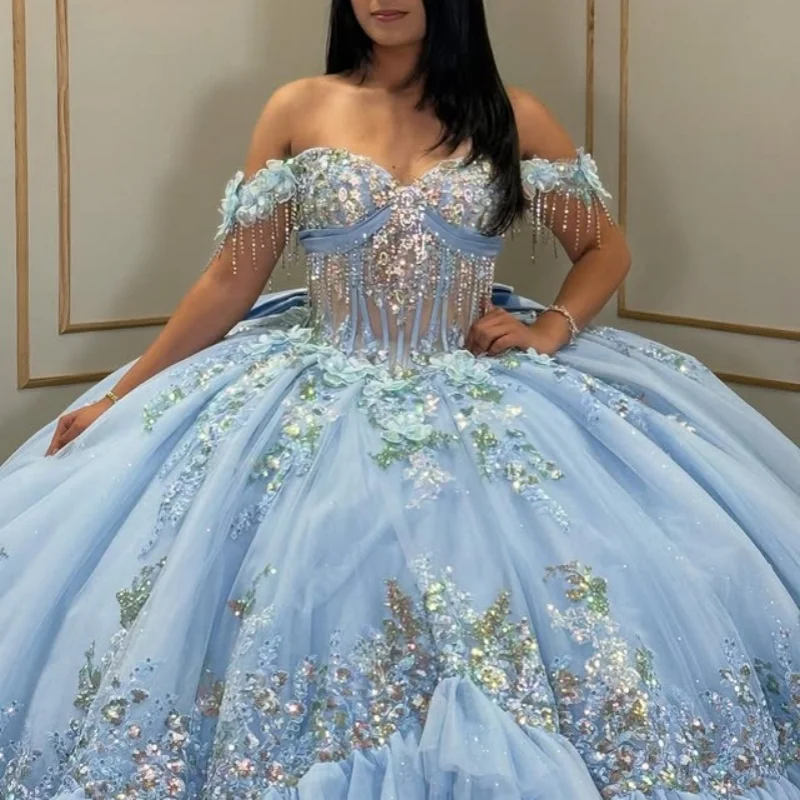 

sky blue Quinceanera Dress off-shoulder glitter decal Long tail 3D flower beading Bow vestidos de 15 Quinceanera ﻿Customized