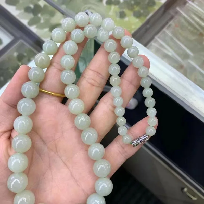 Natural Hetian Jade Qingshui Tower 6.3-12Mm Women'S Round Bead Necklace Collarbone Chain