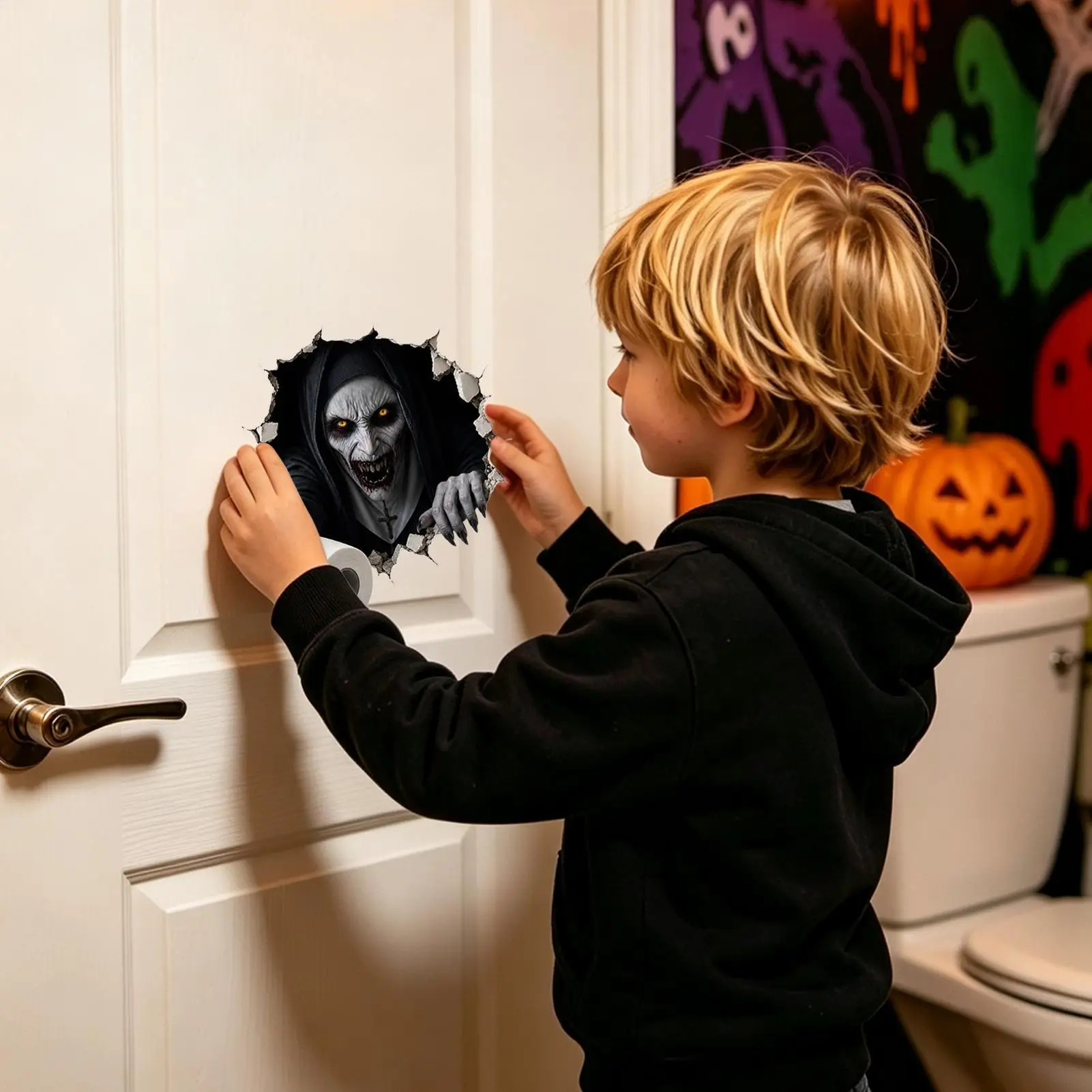 Halloween Toilet Lid Stickers Scary Self-Adhesive Waterproof Decal Break Through Wall Toilet Tank Sticker For Indoor Home