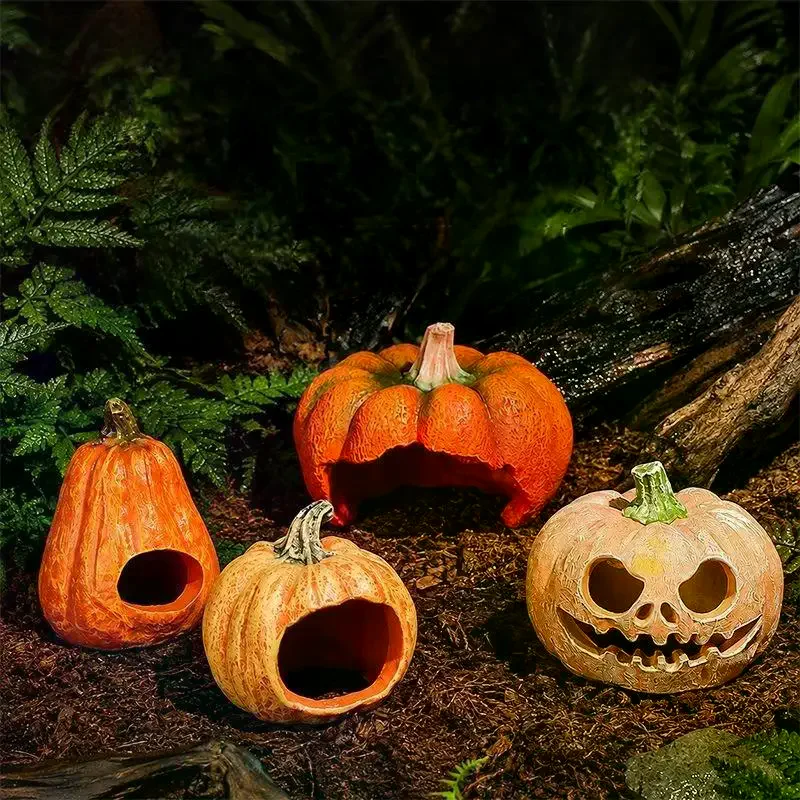 1Pcs Reptile Hideout Pumpkin Cave Resin PVC Shelter with Anti Slip Bottom for Leopard Gecko Snake Lizard Terrarium Decor