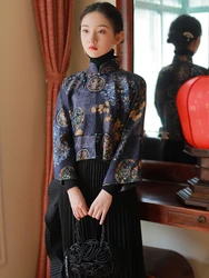 Spring autumn chinese traditional hanfu top print cheongsam Oversized sleeves blouse old school festival qipao buckle Shirt