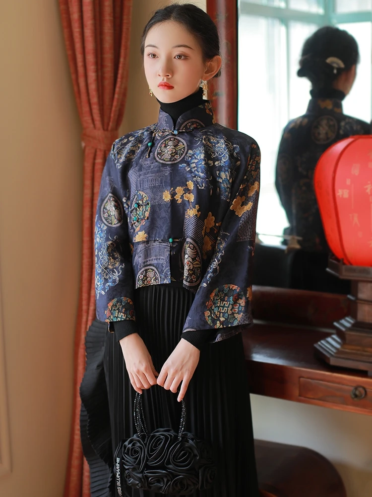 Wiosenno-jesienna chińska tradycyjna bluzka Hanfu z nadrukiem, cheongsam, bluzka z szerokimi rękawami, bluzka w stylu old school, festiwalowa qipao, koszula z zapięciem na guziki.