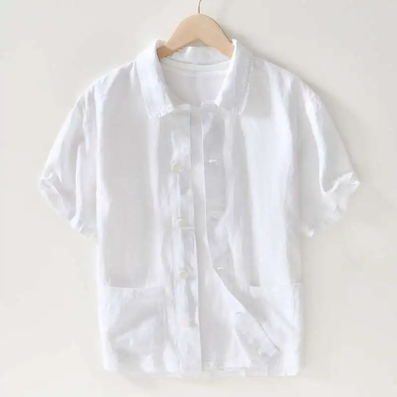 Thin Breathable Linen Short-sleeved Shirt Men's Summer Japanese Solid Color Sesame Pocket Lapel Casual