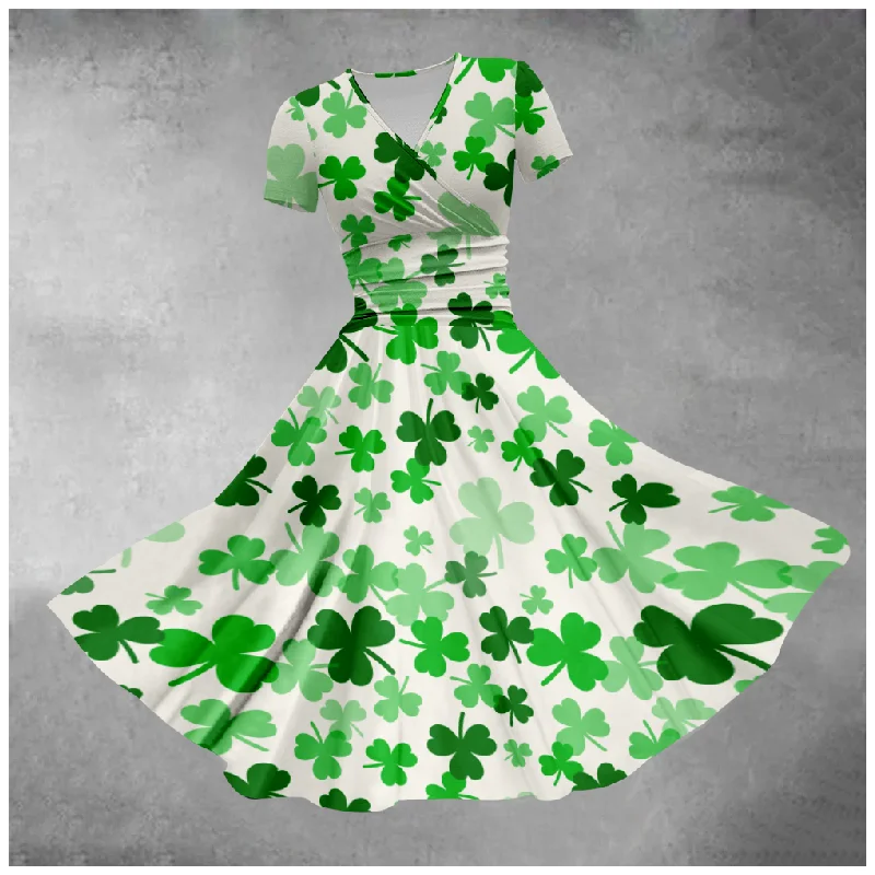 Green Lucky Four-Clover Floral Elegance Princess Dress Full Print Casual Dress Skirts Waist Long Dance Short Sleeve For Ladies