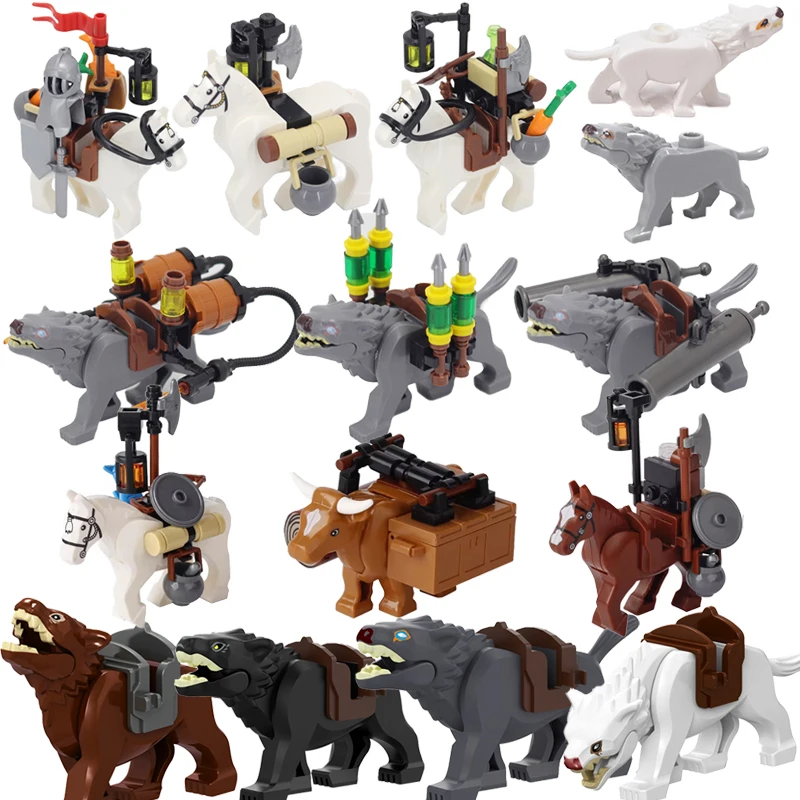 MOC Medieval Animals Series Building Blocks Figures Mount Wolf Beast Garden War Wolf Castle Carriage Ox Transportation Kit Brick