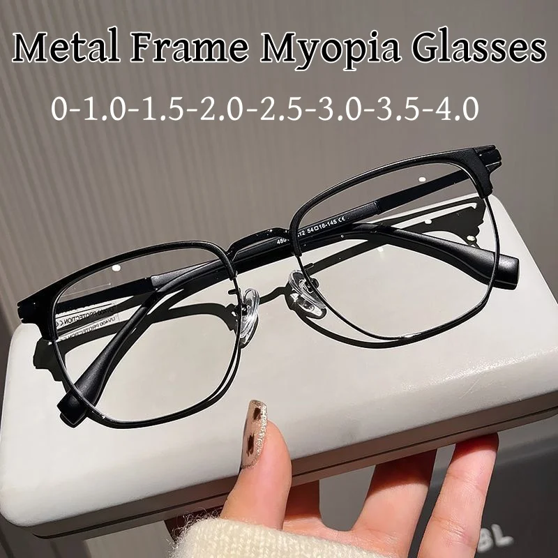 

Business Women Men Myopia Glasses with Diopter Vintage Metal Half Frame Blue Light Blocking Nearsighted Minus Eyewear 0 To -4.0