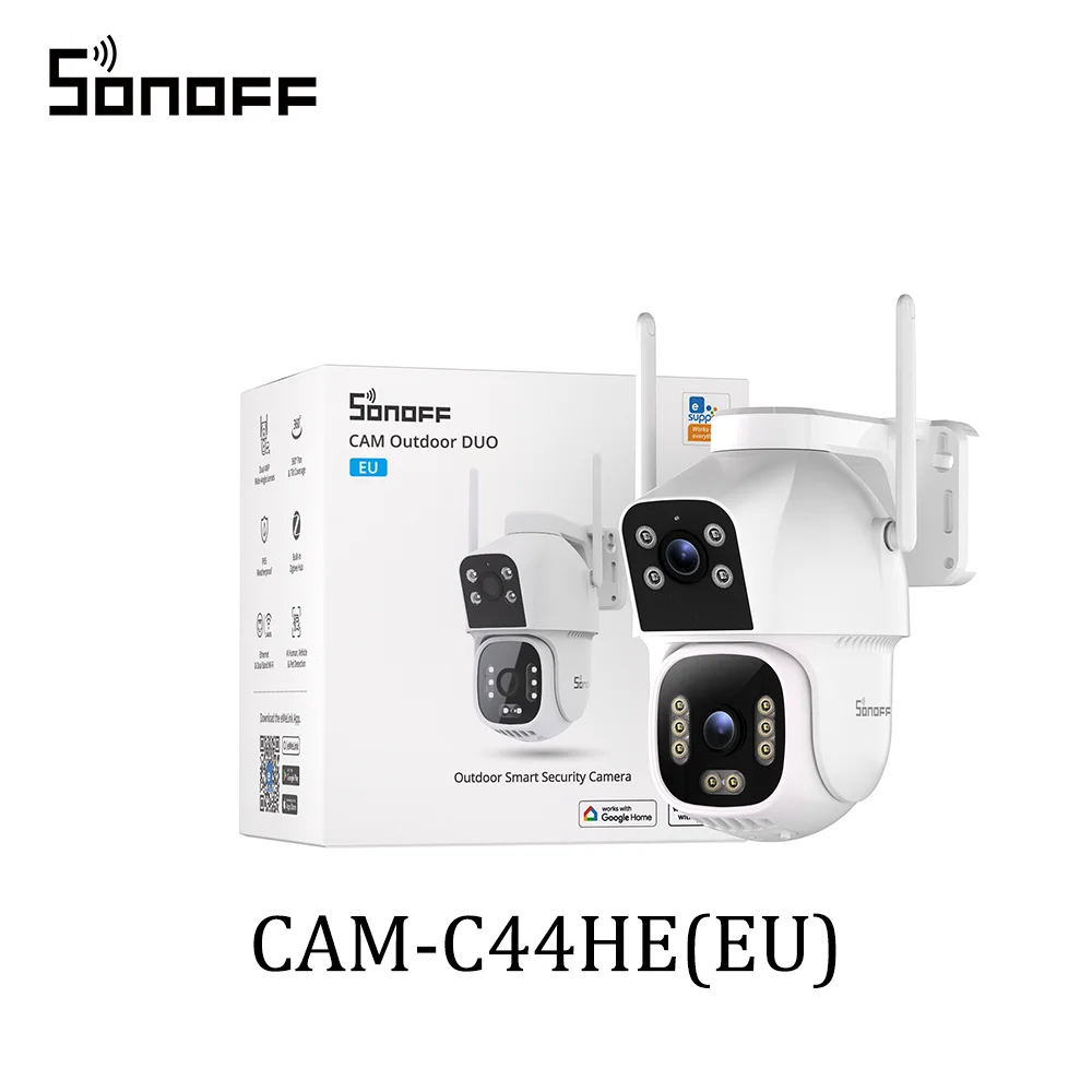SONOFF CAM Outdoor DUO, slimme beveiligingscamera voor buiten met dubbele lens, inclusief hub, model CAM-C44HE, Zigbee 3.0 slimme hub, centraal punt voor irrigatie/beveiliging.