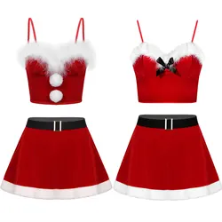 Womens Christmas Costumes Suit Xmas Party Sexy Red Velvet Crop Top with Miniskirt New Year's Cosplay Santa Claus Costume Outfit