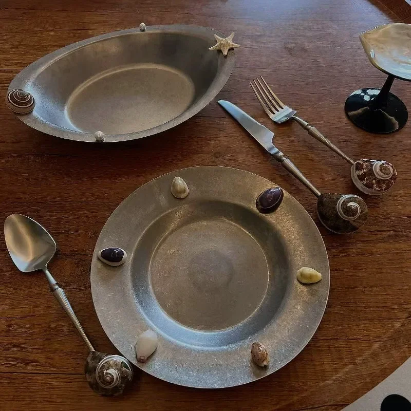 Creative Fun Dopamine Design 304 Stainless Steel Dinner Plate,Natural Shell Patchwork Western Food Serving Dish for Home Kitchen