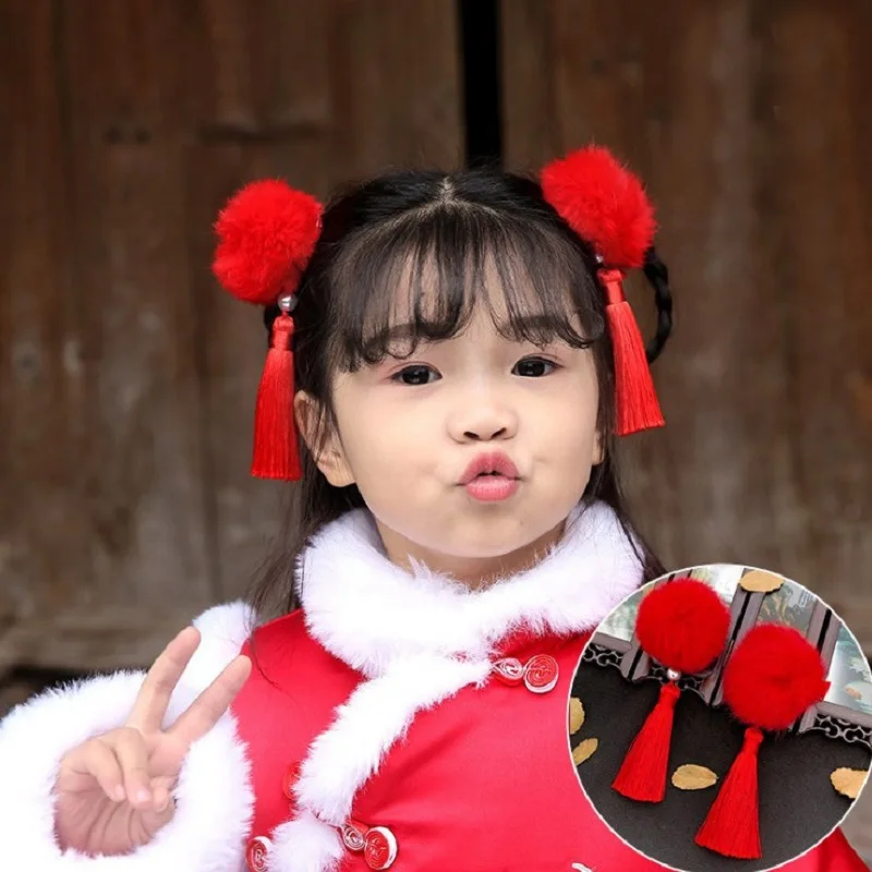 1pair Solid Color Pink Red Faux Fur Ball Girls Hairpins Headwear Children Accessories Kid BIg Pompon Headwear Birthday Gifts