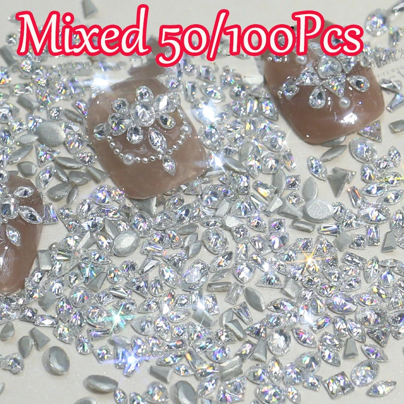 50/100Pcs Mixed Mini Clear/Pink/Champagn Gold Nail Art Rhinestone 2/3/4mm Water Drop/Oval/Sequare Nail Diamond Luxury Crystal