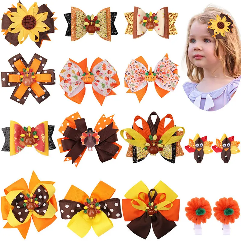 New Thanksgiving Ribbon Hair Bows Clips For Baby Girls Cute Turkey Hairpin Barrettes Children Headwear Handmade Hair Bow Clip