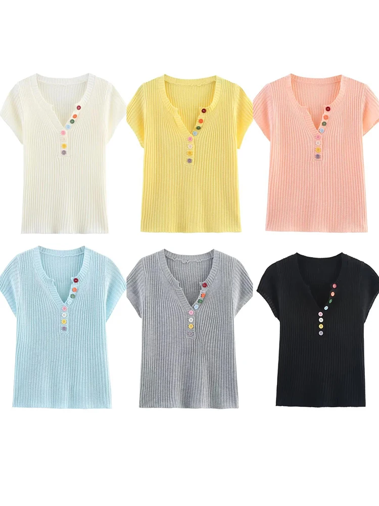 

Summer Short Sleeve V-neck Buttons Pullovers Women 6 Colors Thin Sweaters