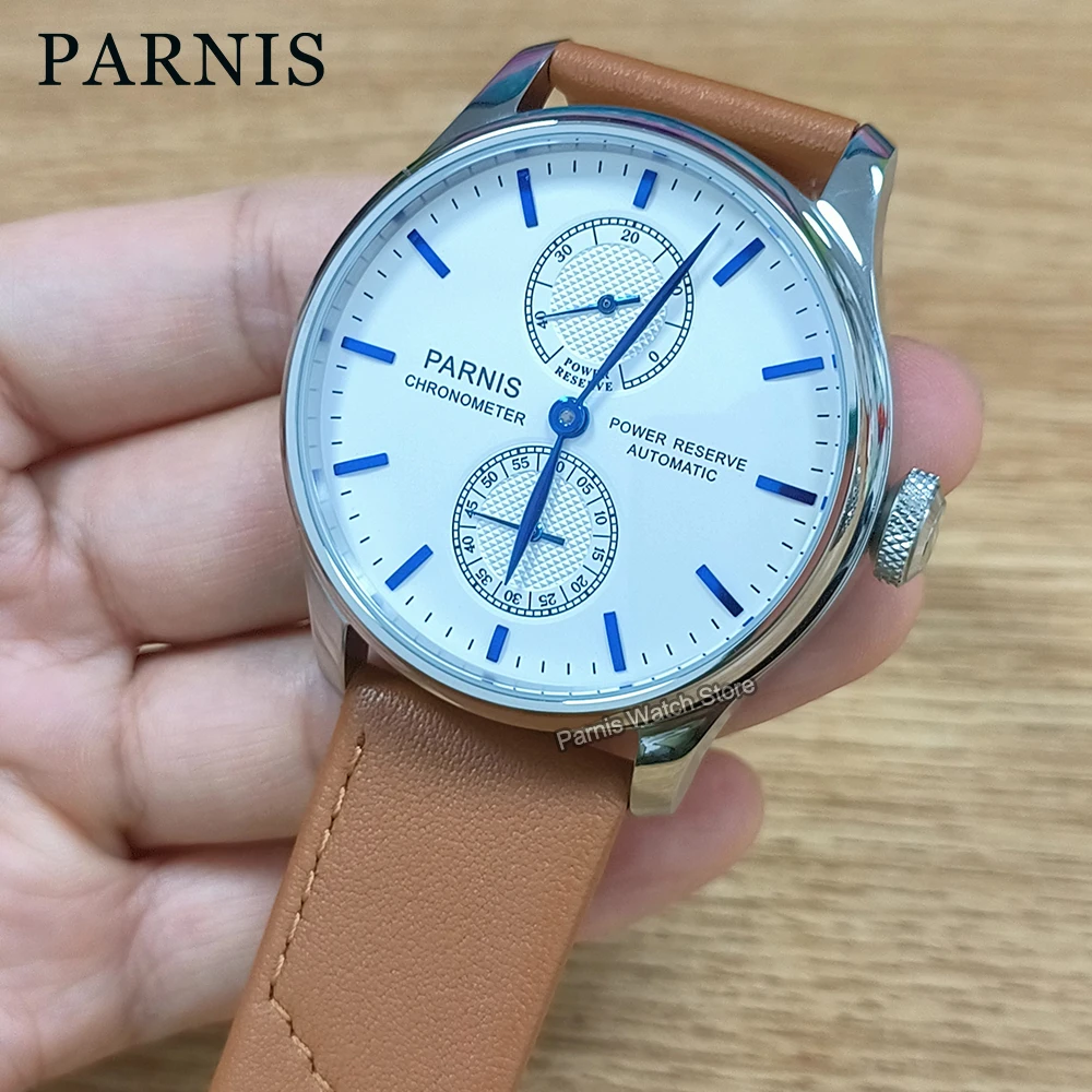 

Parnis 42.5mm Power Reserve White Dial Blue Marks Automatic ST2542 Movement Men's Wristwatch